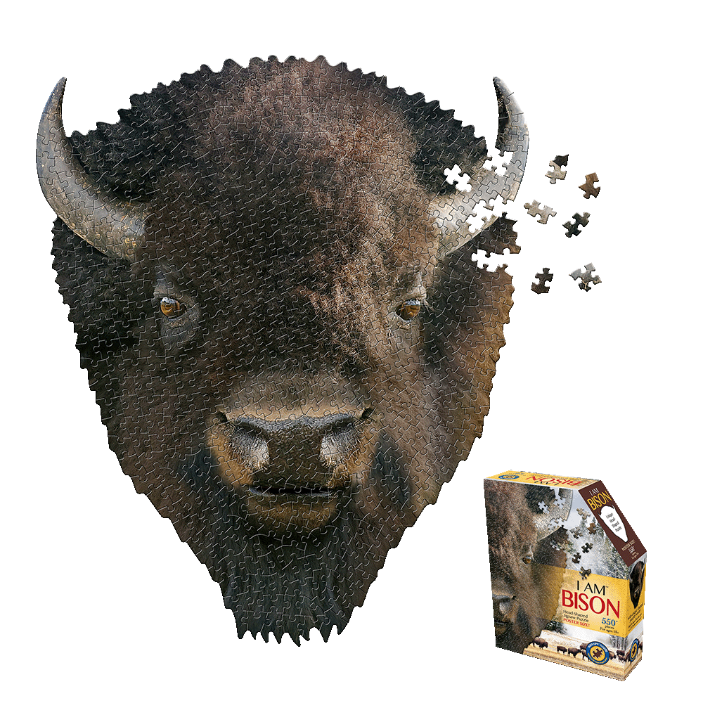 I AM BISON 550-piece jigsaw puzzle showing bison head-shaped puzzle pieces and completed puzzle box