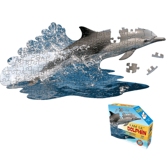I AM Lil' Dolphin 100-piece jigsaw puzzle displayed completed in dolphin shape with loose pieces and original box shown