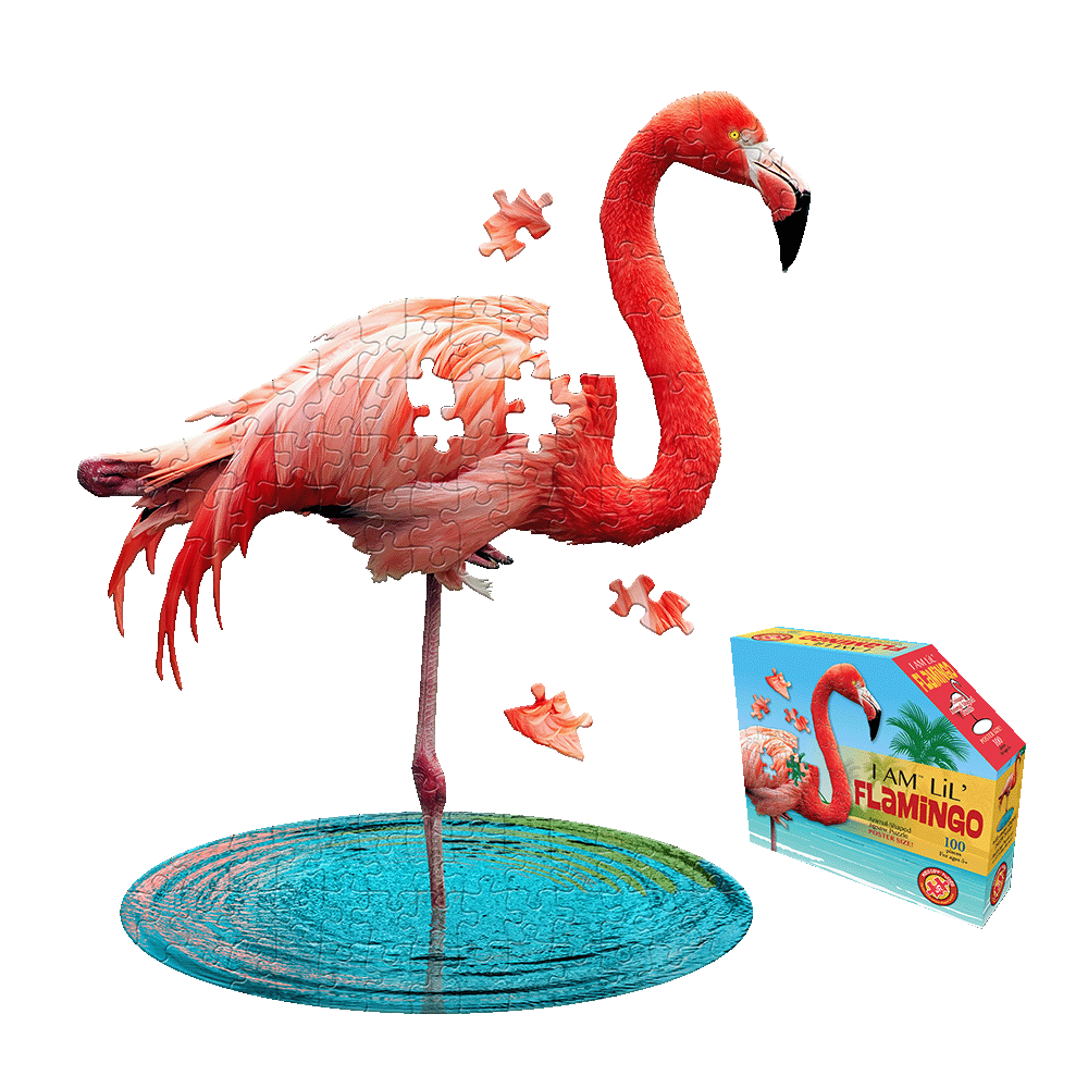 Assembled red flamingo-shaped jigsaw puzzle standing on turquoise base with loose pieces nearby, displayed next to product box