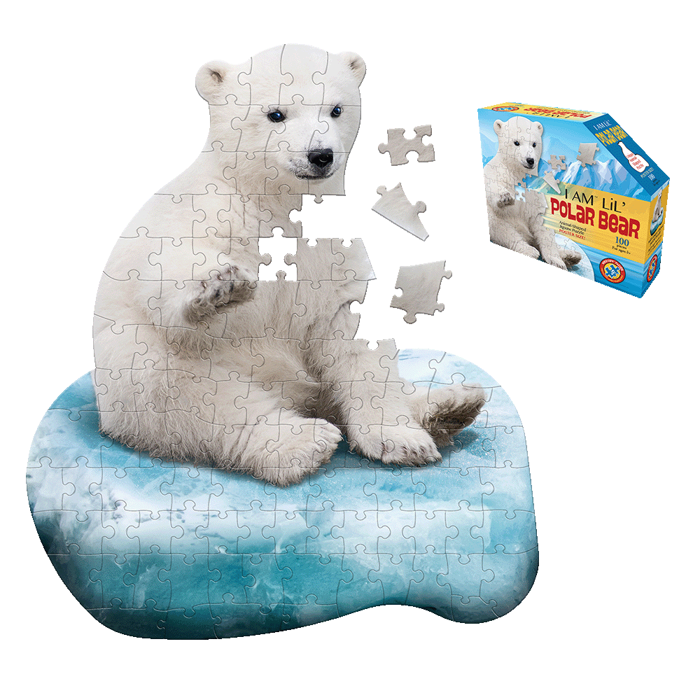 Madd Capp I Am Lil' Polar Bear 100-piece shaped jigsaw puzzle showing white polar bear sitting on blue ice floe, with loose puzzle pieces and product box displa