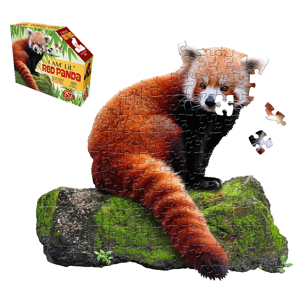 I AM LiL' Red Panda 100-piece shaped jigsaw puzzle showing a red panda sitting on a moss-covered log, with loose puzzle pieces displayed