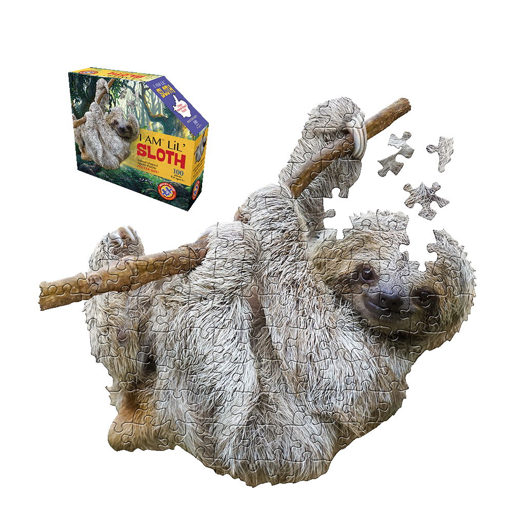 I AM Lil' Sloth 100-piece jigsaw puzzle showing completed puzzle of a sloth with gray fur on a branch and loose puzzle pieces, displayed next to product box