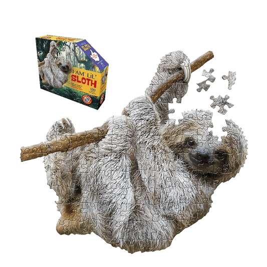 I AM Lil' Sloth 100-piece jigsaw puzzle showing completed puzzle of a sloth with gray fur on a branch and loose puzzle pieces, displayed next to product box