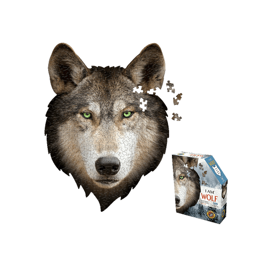 I AM WOLF 300-piece jigsaw puzzle showing wolf head with green eyes and scattered puzzle pieces, with product box displayed