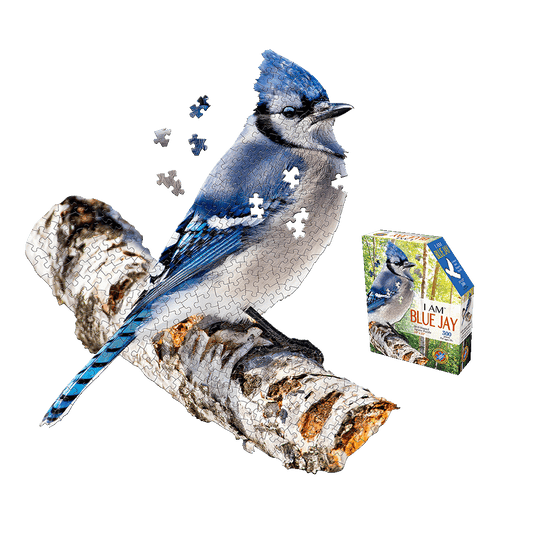 Madd Capp Blue Jay 300-piece jigsaw puzzle showing assembled blue jay bird-shaped puzzle on branch with loose pieces and product box