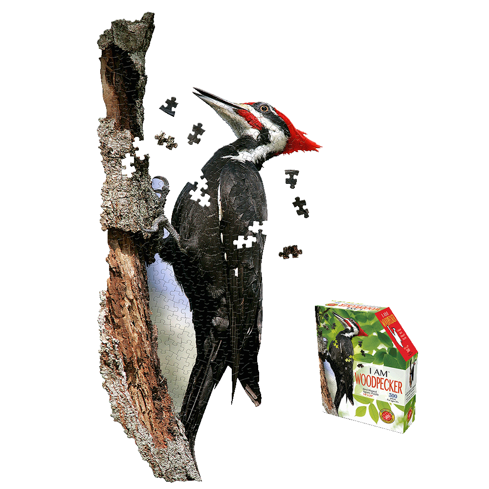 Madd Capp I AM Woodpecker 300-piece jigsaw puzzle shaped like a woodpecker on a tree branch, shown assembled with loose pieces, alongside the product box