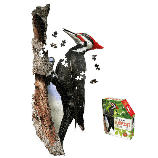 Madd Capp I AM Woodpecker 300-piece jigsaw puzzle shaped like a woodpecker on a tree branch, shown assembled with loose pieces, alongside the product box