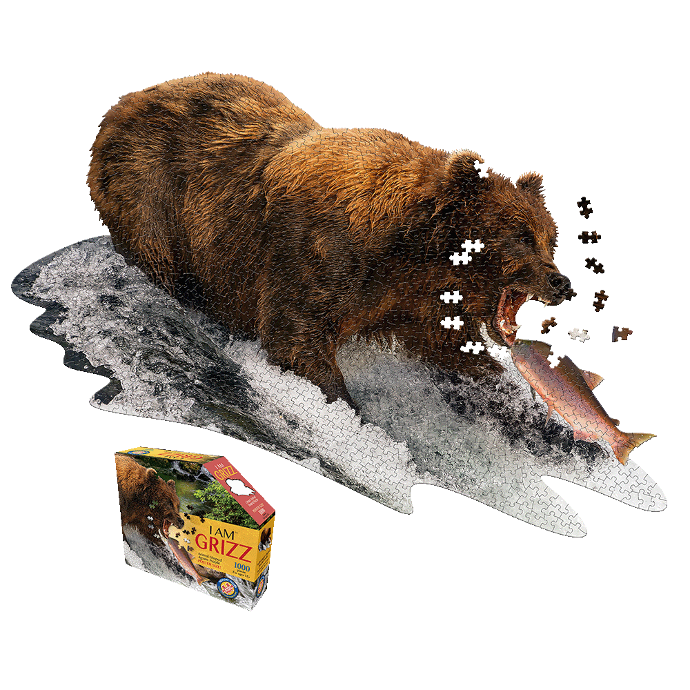 I AM GRIZZ 1000-piece jigsaw puzzle showing a brown grizzly bear catching a salmon, with scattered puzzle pieces and product box displayed