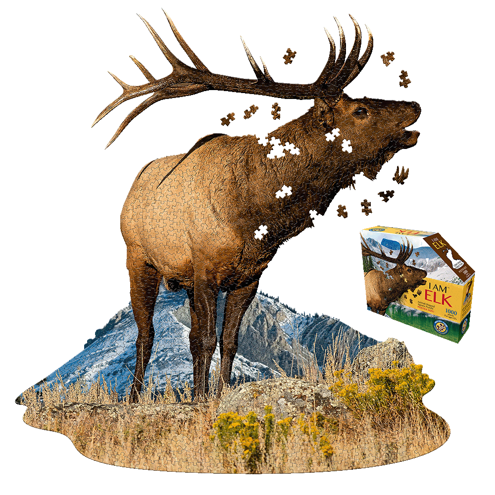 1000-piece jigsaw puzzle featuring a brown elk with large antlers standing in a mountain meadow landscape, with puzzle pieces floating around the elk silhouette