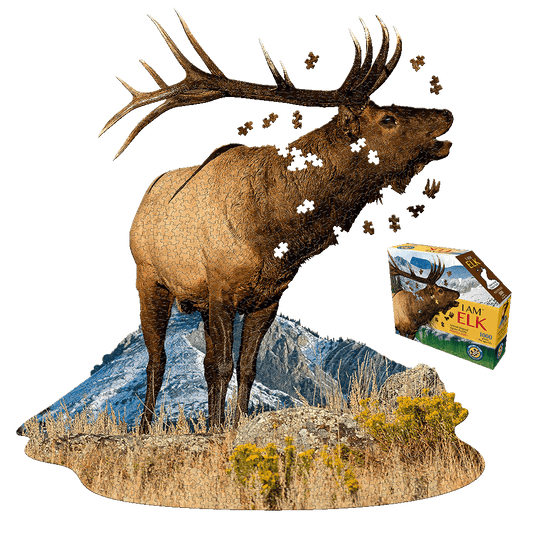 1000-piece jigsaw puzzle featuring a brown elk with large antlers standing in a mountain meadow landscape, with puzzle pieces floating around the elk silhouette