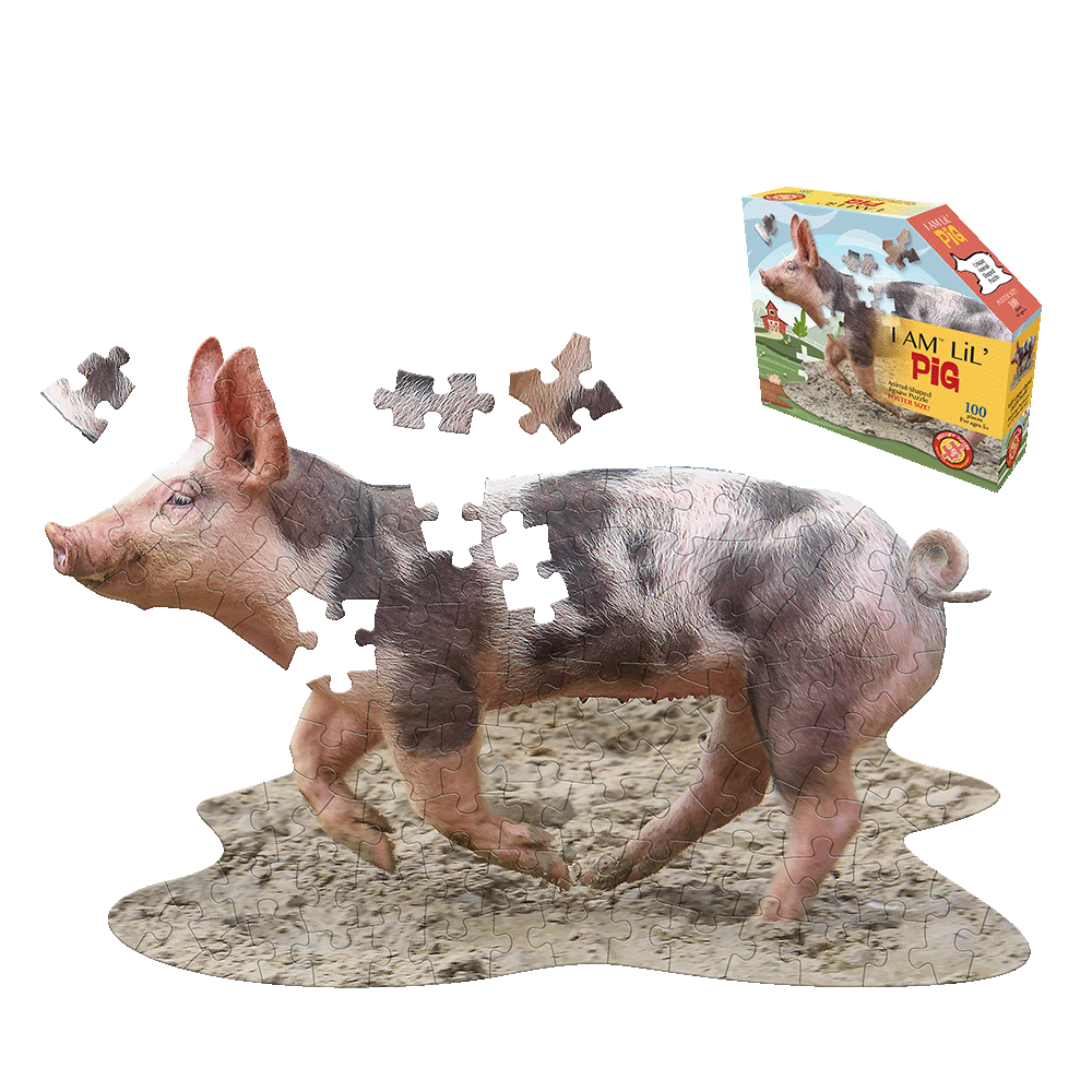 I AM LiL' Pig 100-piece jigsaw puzzle shaped like a pig standing in mud, shown assembled with loose pieces and box