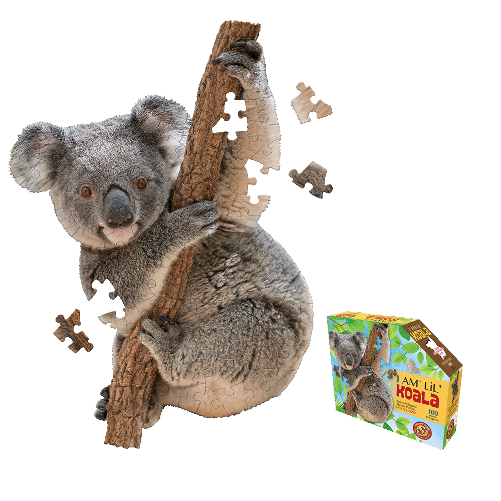 I AM LiL' Koala 100-piece jigsaw puzzle shaped like a koala on a tree branch with loose puzzle pieces and product box shown