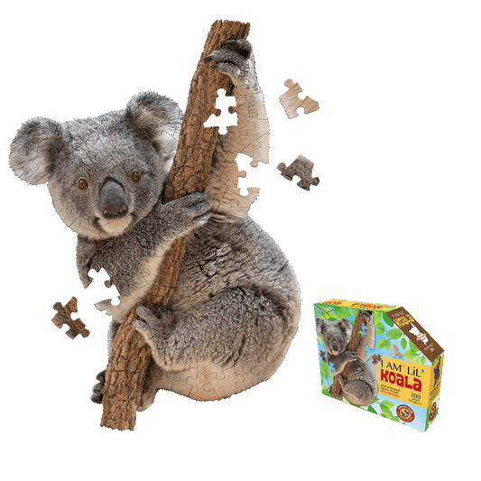 I AM LiL' Koala 100-piece jigsaw puzzle shaped like a koala on a tree branch with loose puzzle pieces and product box shown