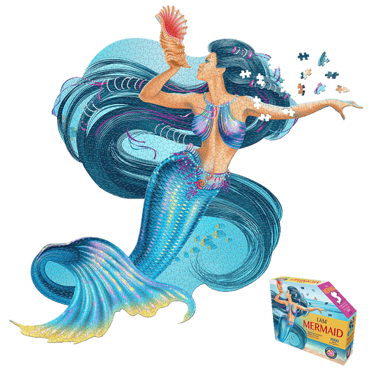 Madd Capp Mermaid-Themed Jigsaw Puzzle showing a mermaid with long flowing teal and dark blue hair and a colorful scaled tail, with loose puzzle pieces scattere