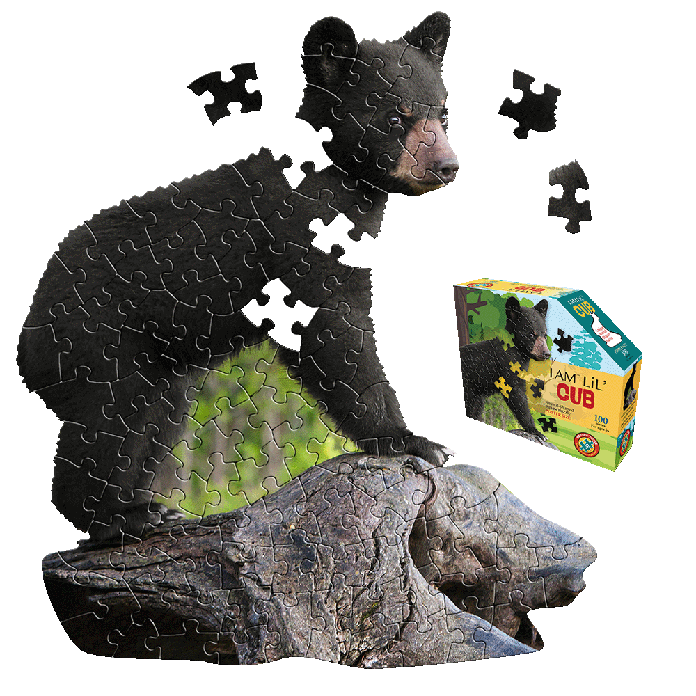 I AM Lil' Cub 100-piece jigsaw puzzle showing black bear cub stacked on mother bear, with loose puzzle pieces and product box displayed