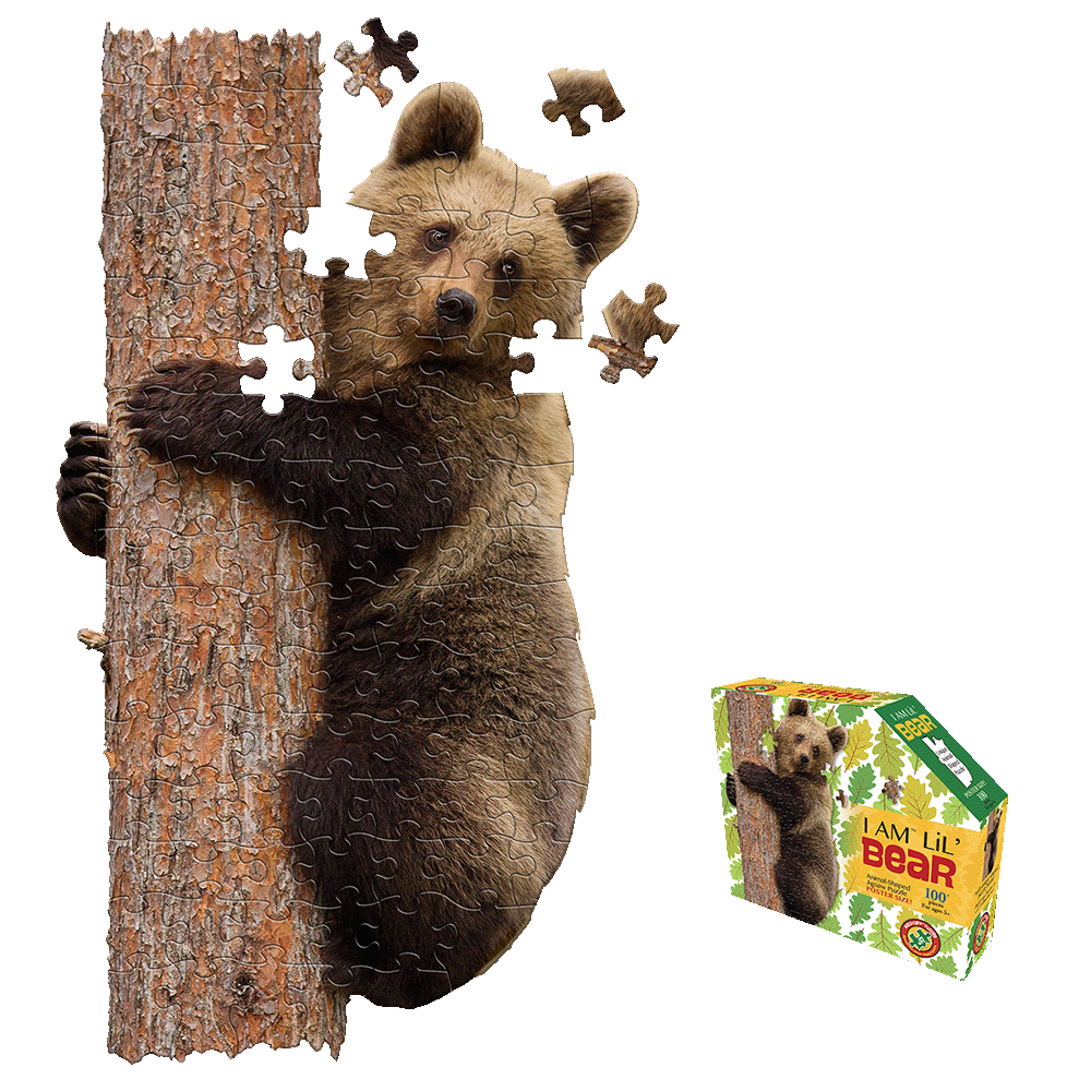 Bear cub climbing tree trunk puzzle with loose pieces floating above, shown with product box featuring I AM LiL' BEAR branding