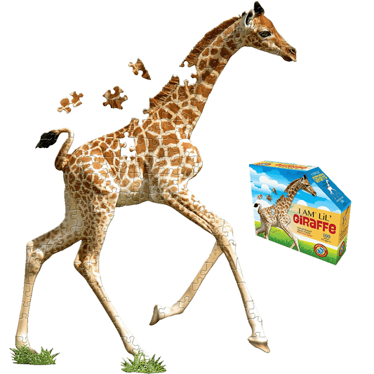 I AM Lil' Giraffe 100-piece jigsaw puzzle showing tan giraffe with brown spots on white background, with loose puzzle pieces and product box displayed
