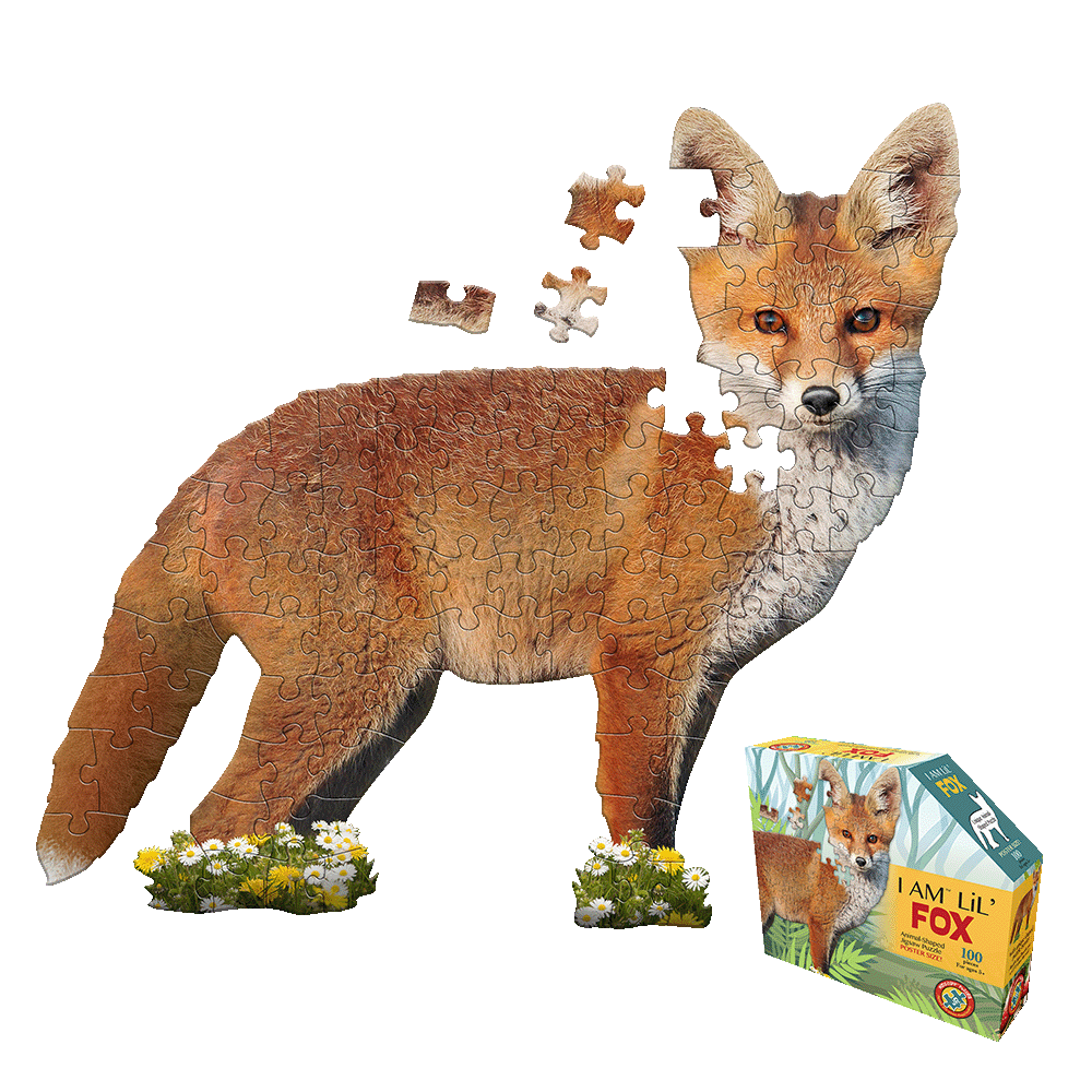 I AM LiL' Fox 100-piece jigsaw puzzle shaped like a fox with orange and white coloring, shown assembled with loose pieces above, next to puzzle box