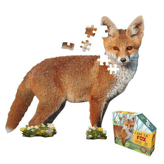 I AM LiL' Fox 100-piece jigsaw puzzle shaped like a fox with orange and white coloring, shown assembled with loose pieces above, next to puzzle box