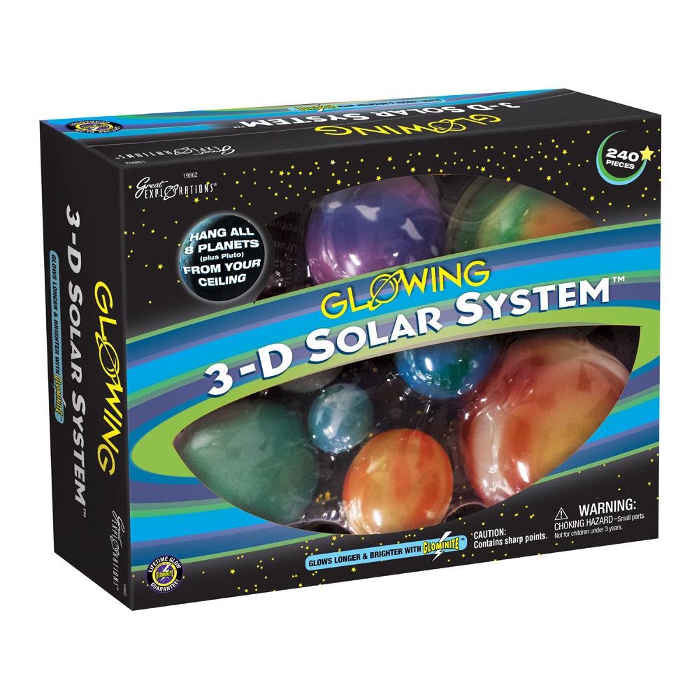 3-D Glowing Solar System kit box showing eight glow-in-the-dark planet spheres of varying sizes and colors, including purple, blue, green, orange, and red plane