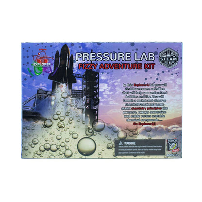 Pressure Lab Fizzy Adventure Kit box showing a rocket launch pad with bubbles and fizzing liquid, Explorer-U and S.T.E.A.M. logos, ages 10+