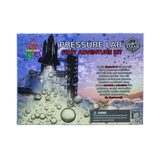 Pressure Lab Fizzy Adventure Kit box showing a rocket launch pad with bubbles and fizzing liquid, Explorer-U and S.T.E.A.M. logos, ages 10+