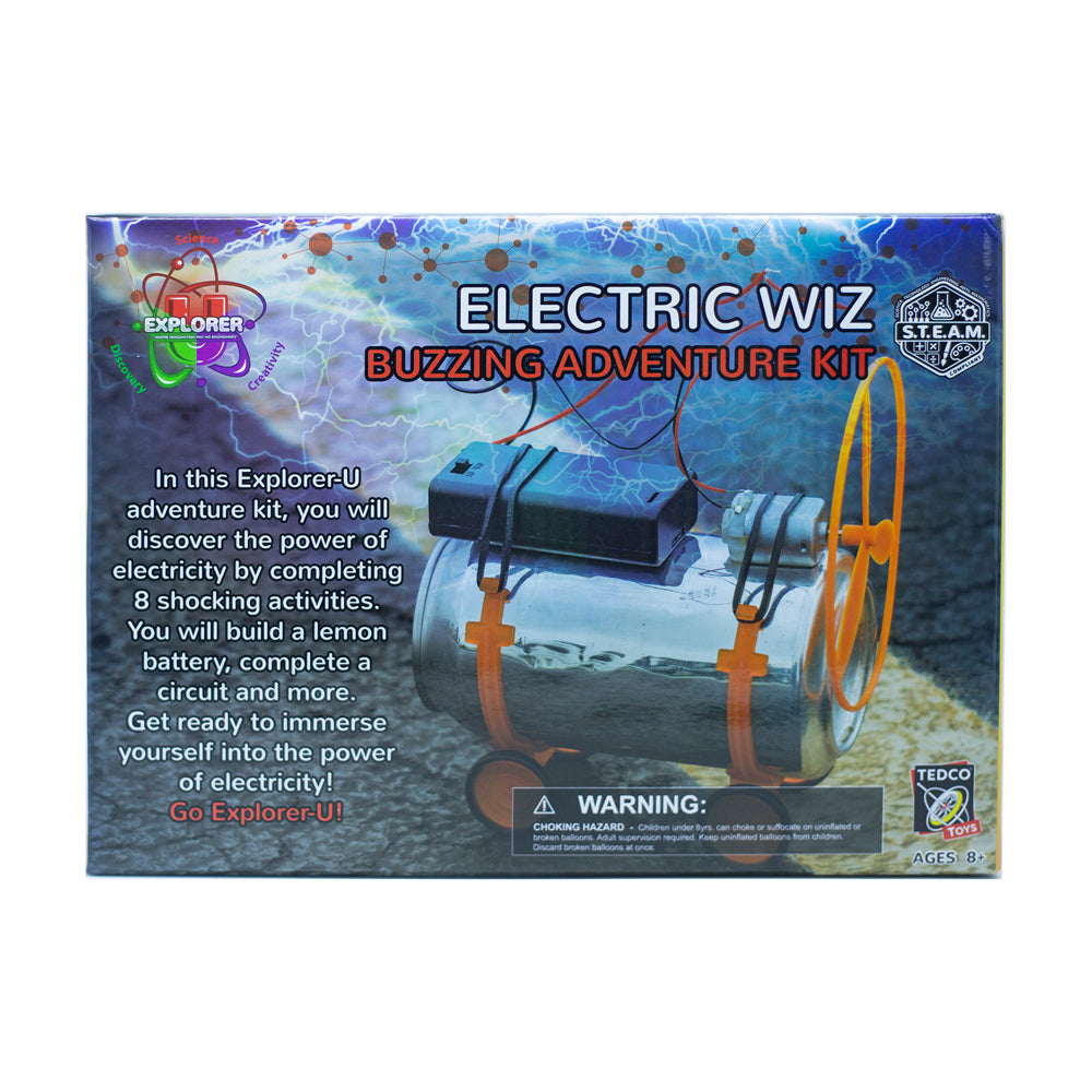 Electric Wiz Buzzing Adventure Kit box showing electricity experiment set with lemon battery, circuit components, and orange wheel apparatus against blue lightn