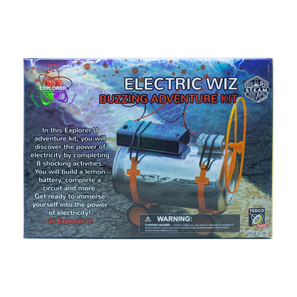 Electric Wiz Buzzing Adventure Kit box showing electricity experiment set with lemon battery, circuit components, and orange wheel apparatus against blue lightn