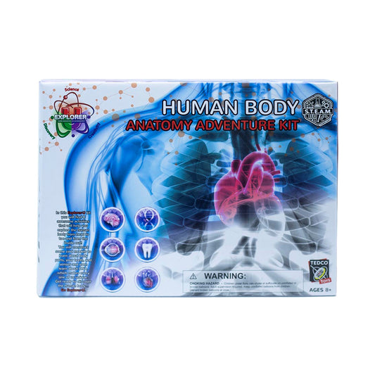 Human Body Anatomy Adventure Kit package showing blue x-ray imagery of internal organs including heart and lungs, with six circular educational icons and Scienc