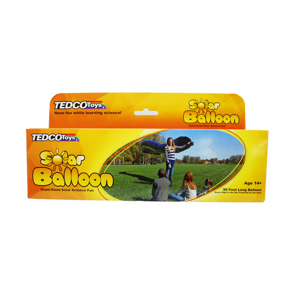 TEDCO Toys Solar Balloon package showing children flying a 50-foot yellow solar-powered balloon outdoors in a green field
