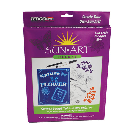Tedco Toys SunArt Deluxe box showing purple packaging with sample sun art prints featuring butterflies, flowers, and nature designs created using sunshine and w
