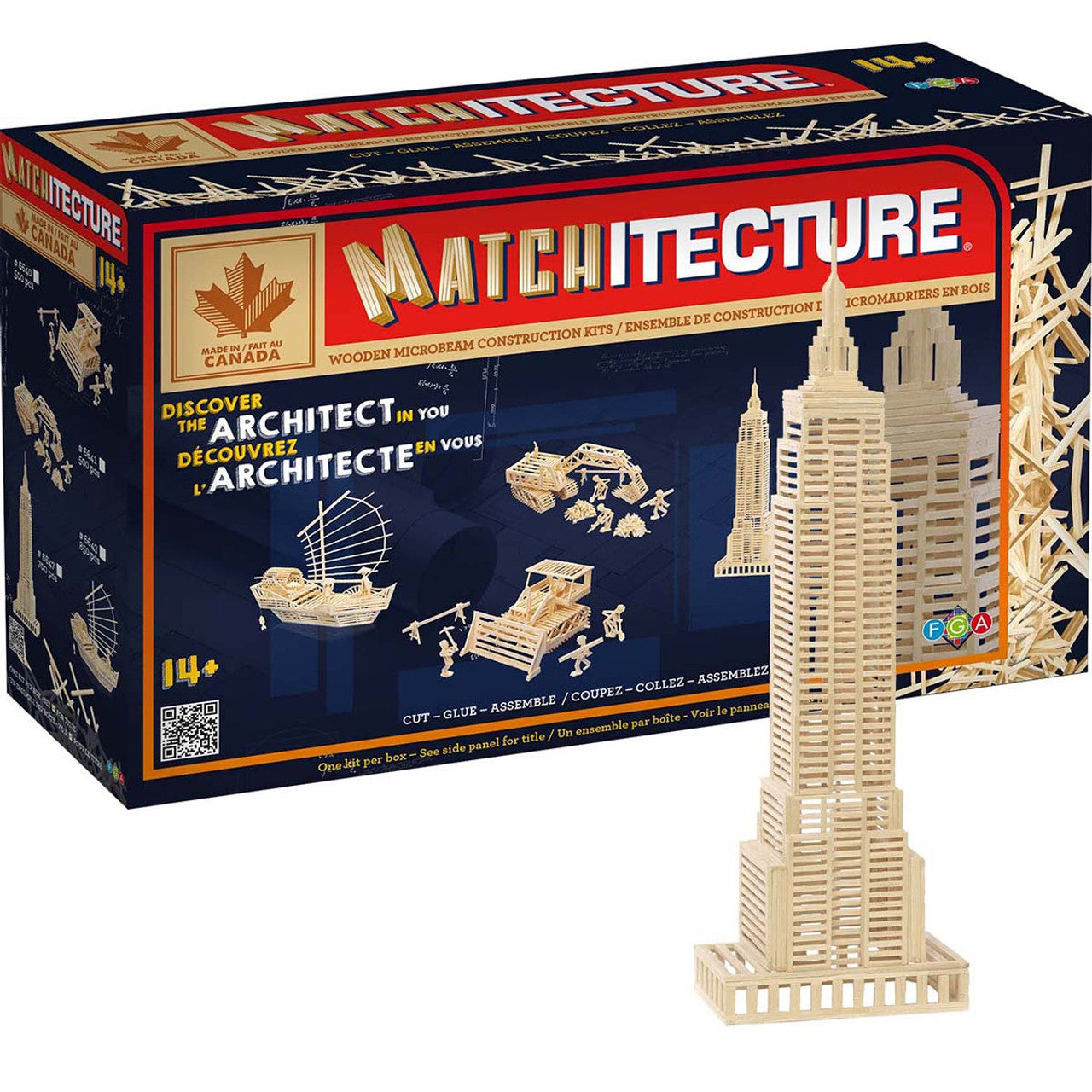 Matchitecture Empire State Building wooden microbeam construction kit with box and assembled cream-colored wooden model building