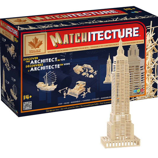 Matchitecture Empire State Building wooden microbeam construction kit with box and assembled cream-colored wooden model building