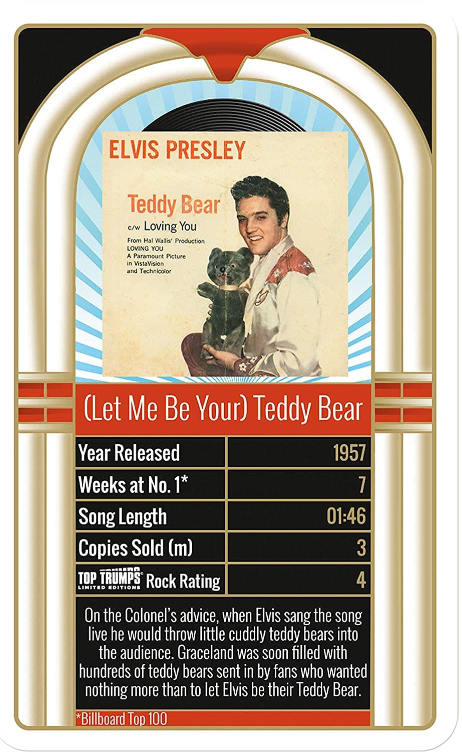Top Trumps Elvis card featuring (Let Me Be Your) Teddy Bear, 1957 single with Elvis Presley holding a teddy bear, showing release year, chart performance, and s