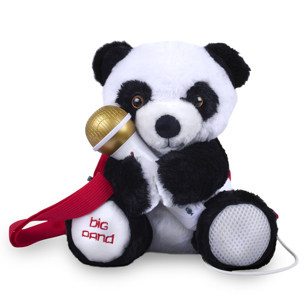 Singing Machine Kids Big Panda plush toy with microphone and speaker in black and white