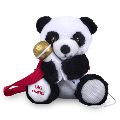 Singing Machine Kids Big Panda plush toy with microphone and speaker in black and white