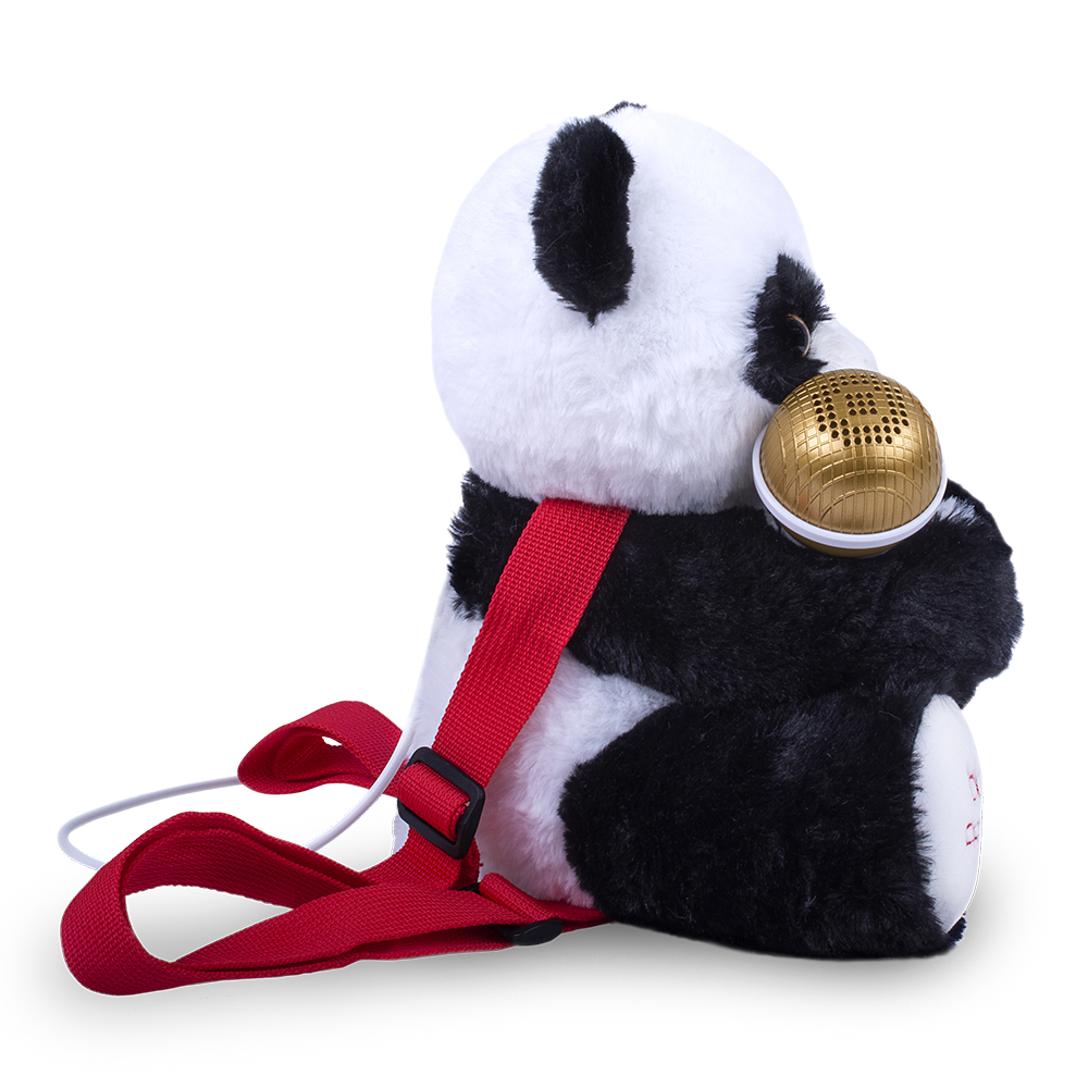 Singing Machine Kids Sing-Along Crew Big Panda plush toy with gold speaker and red leash