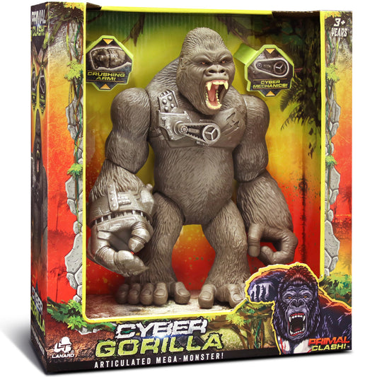 Cyber Gorilla articulated action figure with gray fur, mechanical chest plate, and crushing jaw feature in product packaging