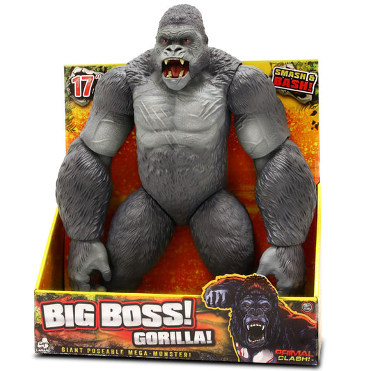 Big Boss Gorilla 17-inch poseable action figure with gray fur, muscular body, and open mouth, displayed in yellow and red packaging