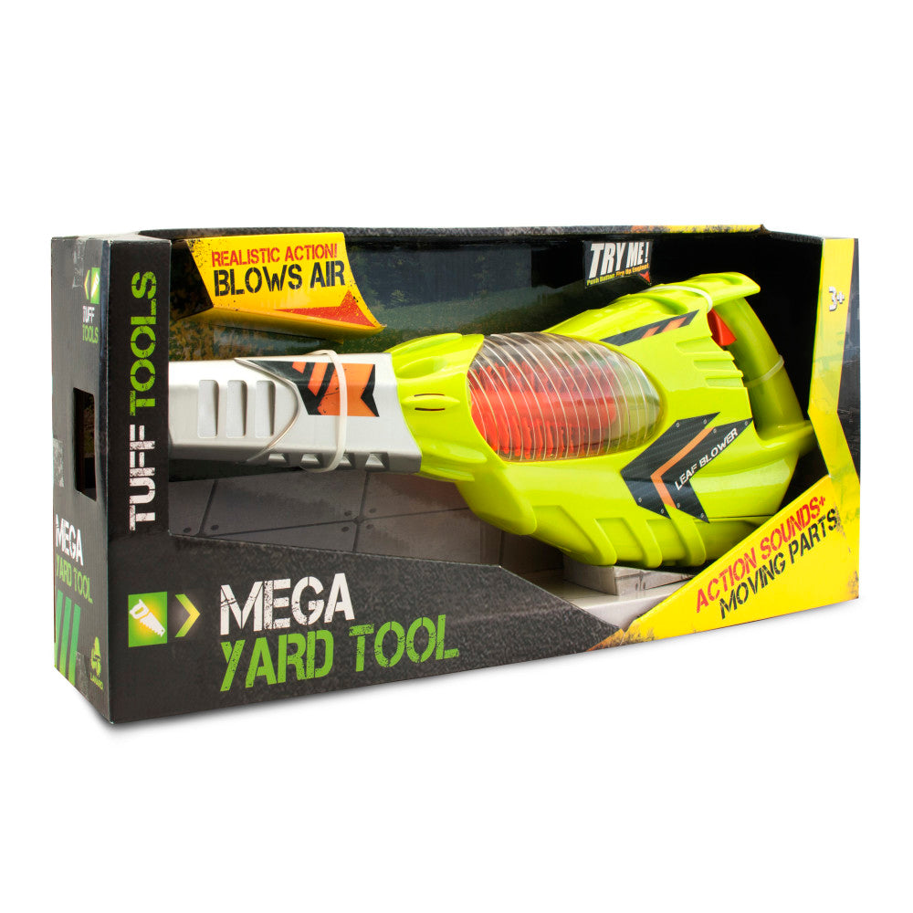 Neon yellow and black toy leaf blower with white grip and red accents in packaging labeled Mega Yard Tool with text reading Realistic Action Blows Air and Actio