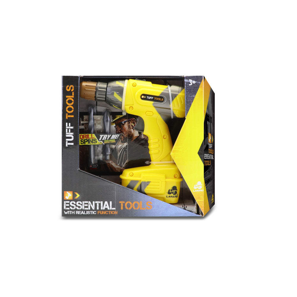 Tuff Tools Kids Power Drill toy set in bright yellow with drill spins feature, includes tool accessories and carrying case