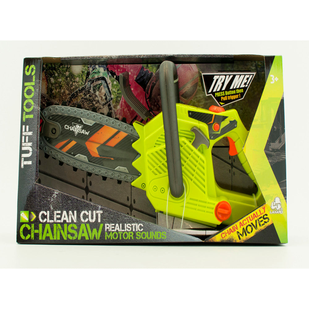 Bright neon yellow toy chainsaw with black accents, orange triggers, and realistic chain detail on packaging showing product features