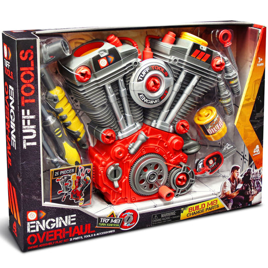 Tuff Tools Engine Overhaul playset with red and silver engine parts, tools, and 25 interchangeable pieces for building and assembling