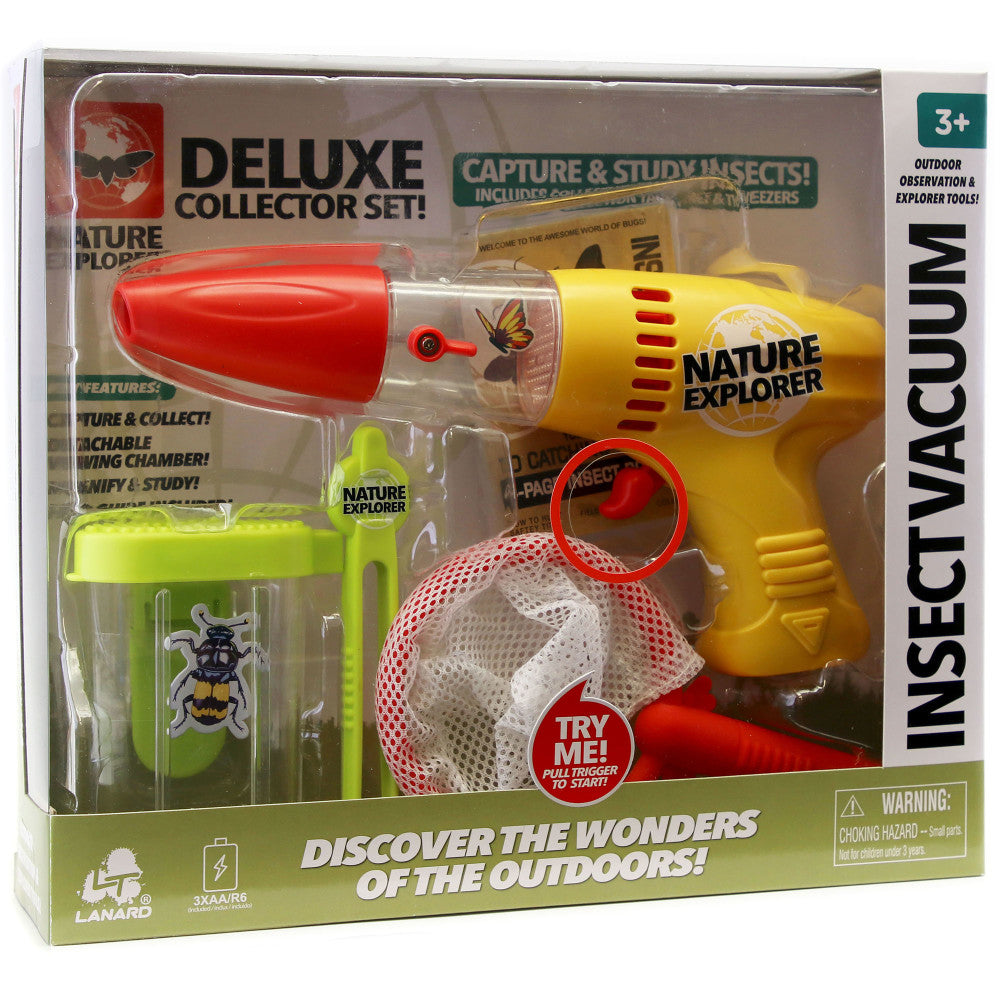 Insect Vacuum deluxe collector set with yellow vacuum tool, red cap, lime-green observation chamber with bug illustration, mesh catch net with red trim, and pac