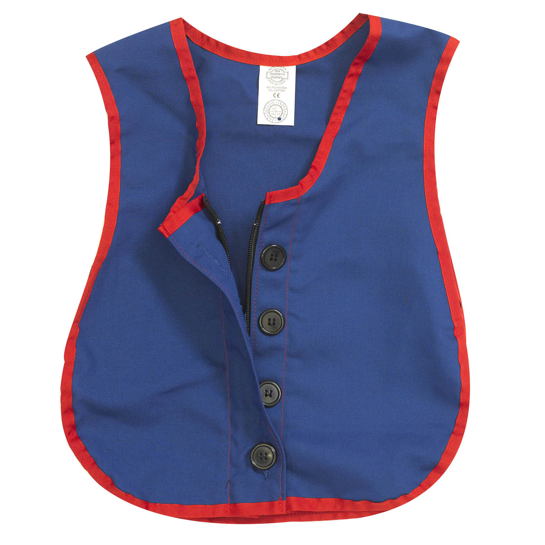 Blue vest with red trim and shoulder straps, featuring four dark buttons down the front and a black zipper for practicing dexterity skills