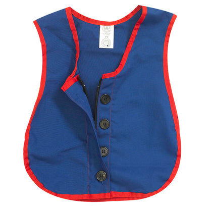 Blue vest with red trim and shoulder straps, featuring four dark buttons down the front and a black zipper for practicing dexterity skills