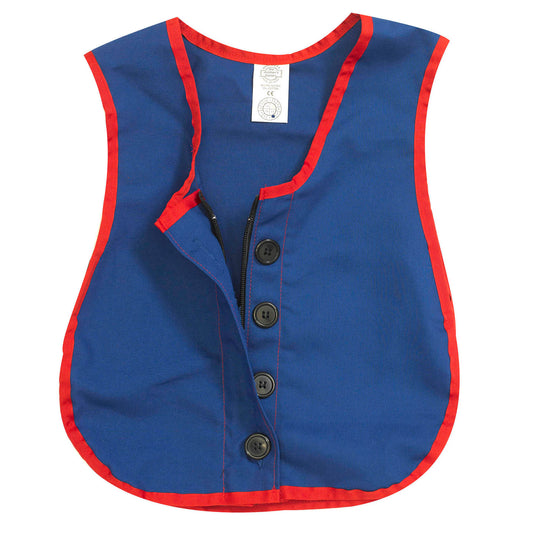 Blue vest with red trim and shoulder straps, featuring four dark buttons down the front and a black zipper for practicing dexterity skills