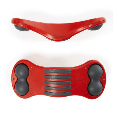 Red and black seesaw balance board shown from top and front views, with curved red body and black rubber foot pads