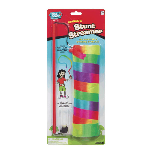 Rainbow Stunt Streamer packaged on red cardstock showing colorful rainbow-striped ribbon streamer with black control handle and cartoon child illustration
