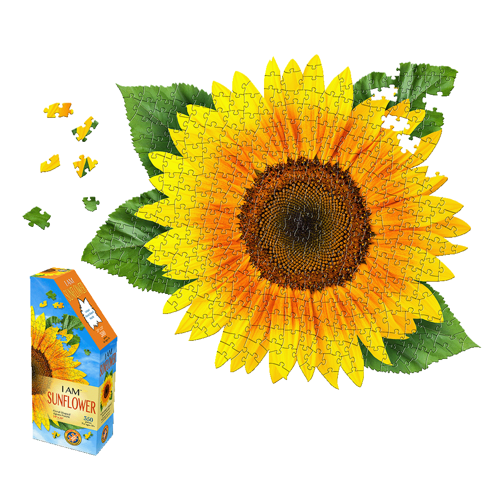 I AM SUNFLOWER 350-piece jigsaw puzzle showing assembled sunflower with yellow and orange petals, brown center, green leaves, plus loose puzzle pieces and blue